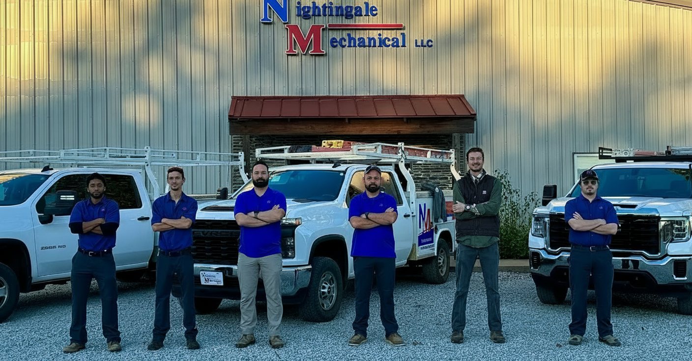 The Nightingale Mechanical team in front of their service trucks at the shop in Jonesboro